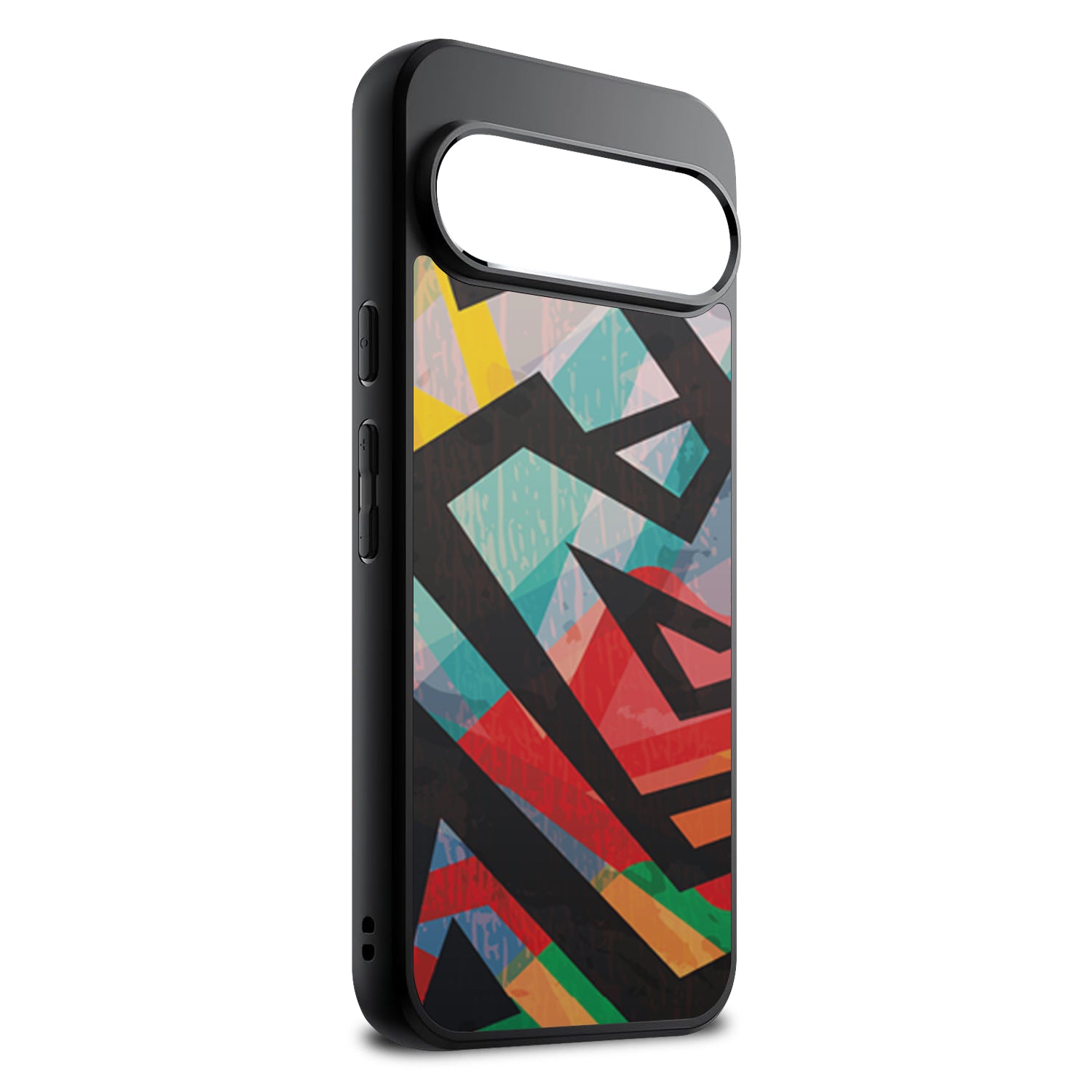 A Google Pixel 10 pro phone case with a multicolored geometric pattern design.