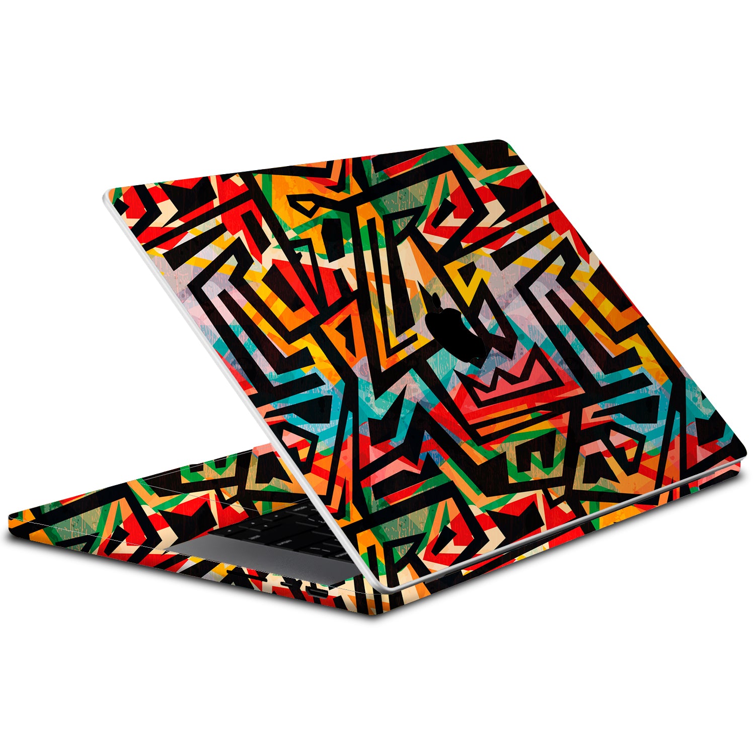 A MacBook Pro 14-inch skin with a colorful geometric pattern.