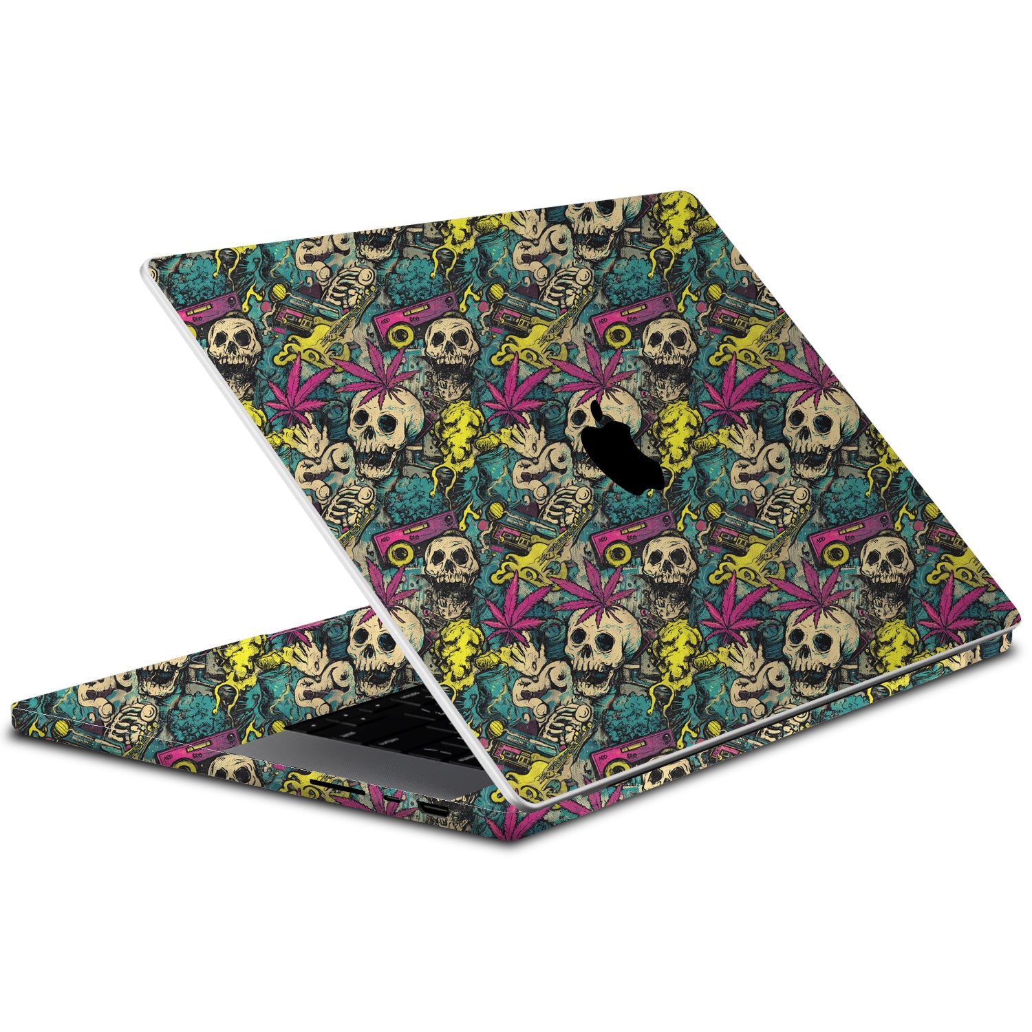 Laptop with a colorful skull and marijuana leaf pattern on a white background